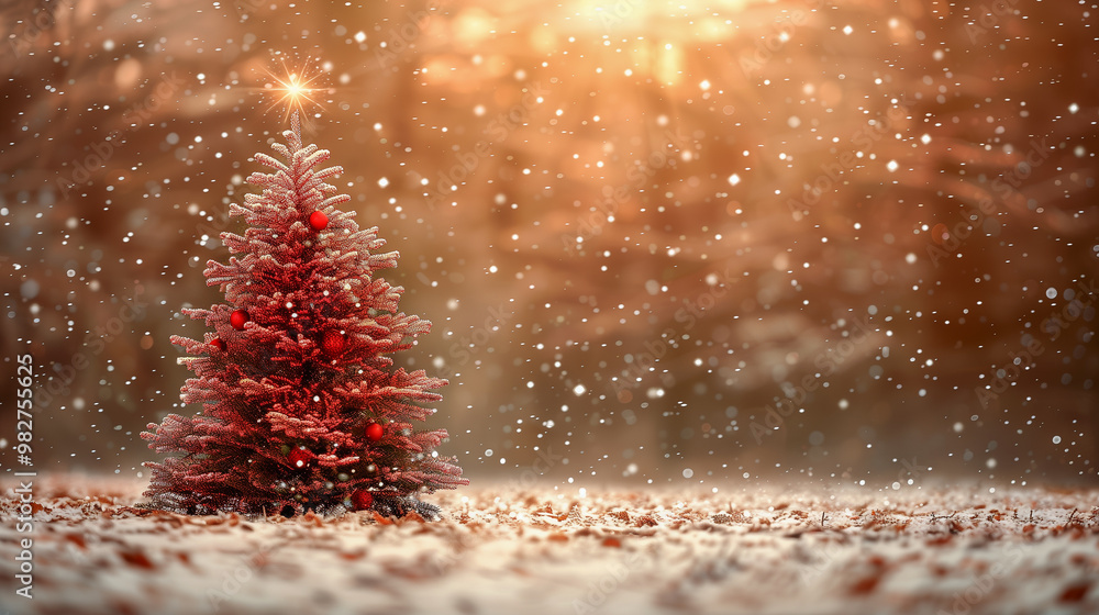 Poster red christmas tree in a snowy forest with golden glow..