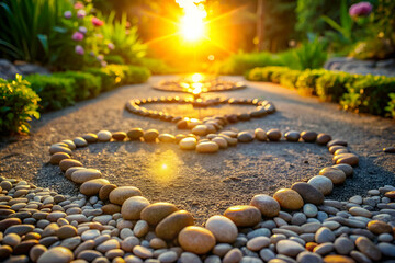 A path of stones is arranged in the shape of two hearts. The stones are of various sizes and are scattered across the path. The scene is serene and peaceful