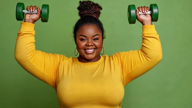 A plus-size woman in workout attire, lifting dumbbells with determination, set against a green background, highlighting fitness and health.