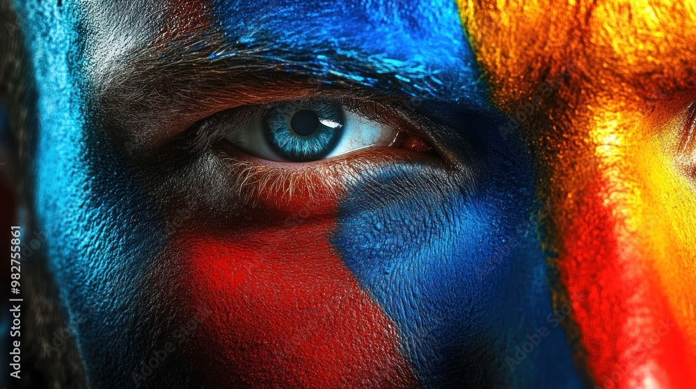 Poster close-up of a painted face with vibrant colors, emphasizing expression and intensity.