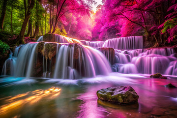 A beautiful waterfall with pink water and a pink sky. The waterfall is surrounded by trees and rocks