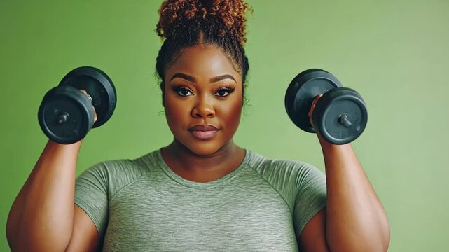 Fit and healthy lifestyle highlighted by a plus-size woman in workout gear, determinedly lifting dumbbells against a green backdrop.