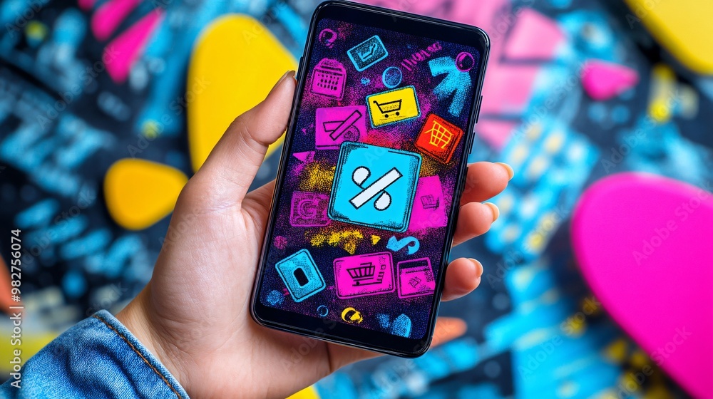Poster A modern smartphone held in hand while pop-up discounts flash across the screen The vector-style illustration includes icons of various products with percentages of discounts clearly visible The