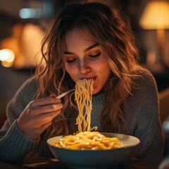 A woman enjoying a bowl of pasta in a cozy, dimly lit setting.