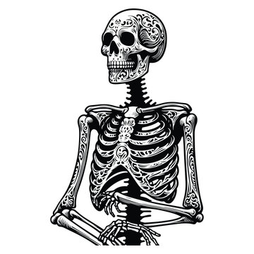 skelleton with victorian flourish decoration in black and white illustrations, cutout graphic