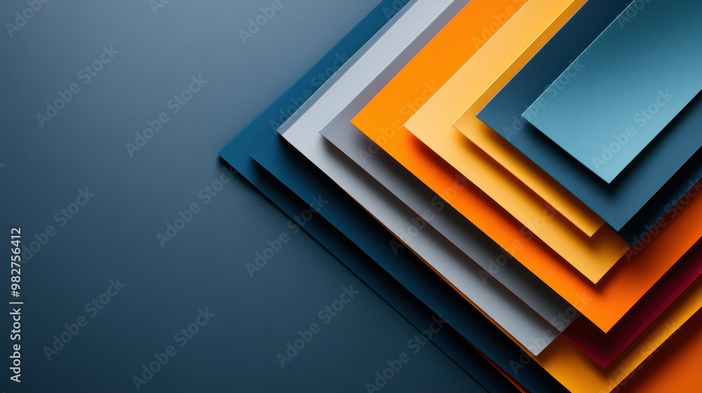Poster a vibrant abstract composition featuring layered sheets of paper in various colors, arranged in a ge