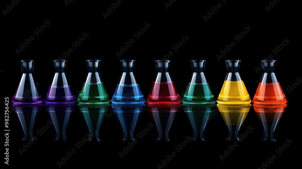 Poster a row of colorful laboratory flasks reflecting on a black surface.