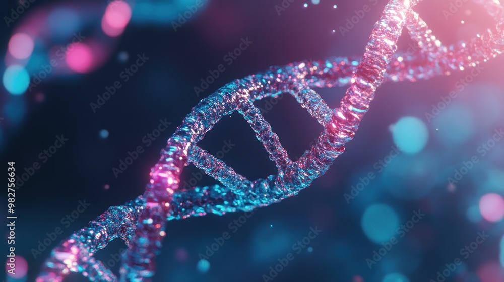 Poster a vibrant representation of a dna double helix, showcasing its structure and complexity.