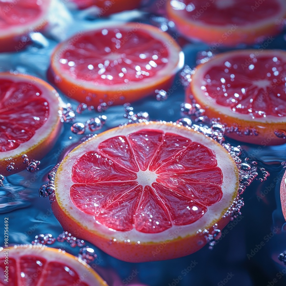 Poster slices of grapefruit floating in water with bubbles.