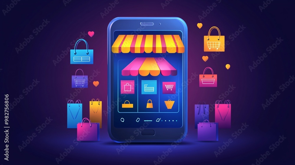 Poster A stylized mobile device displaying an e-commerce platform with colorful pop-up discount notifications The illustration shows an animated style with products neatly arranged while sale alerts float