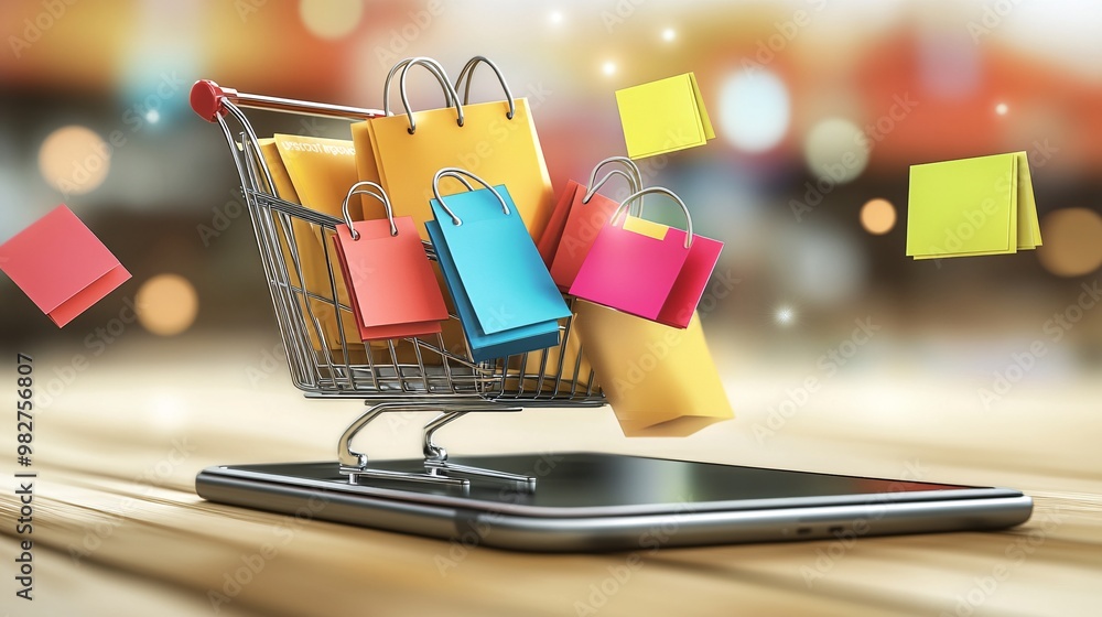 Poster A stylized mobile device displaying an e-commerce platform with colorful pop-up discount notifications The illustration shows an animated style with products neatly arranged while sale alerts float