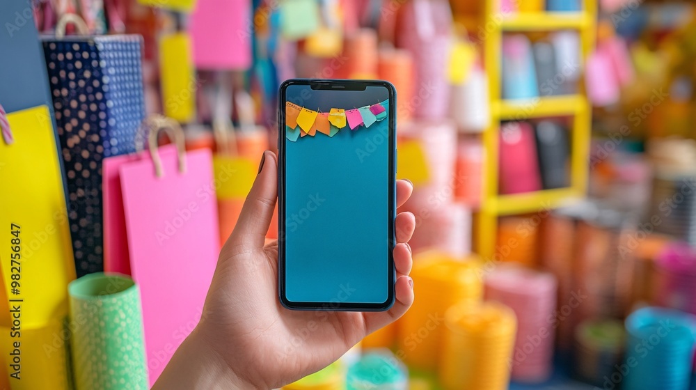 Poster a hand holding a smartphone with vibrant pop-up discount labels appearing over various items for sal
