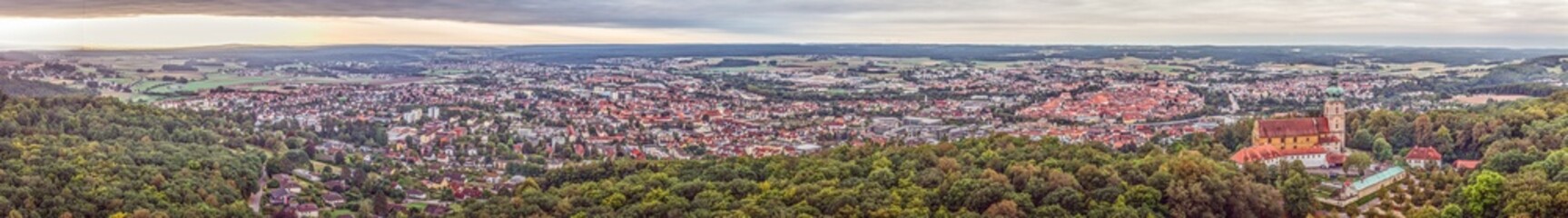 Drone panorama of the historic Bavarian town of Amberg in the morning light
