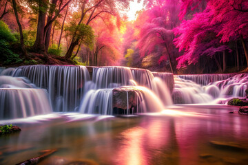 A beautiful waterfall with pink and orange trees in the background. The water is calm and peaceful, creating a serene atmosphere