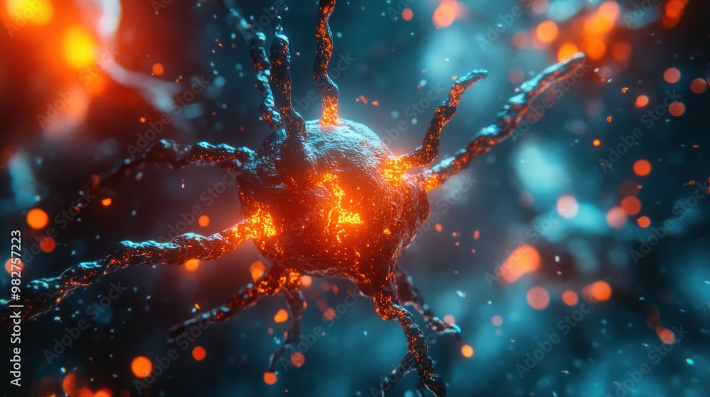 Poster a close-up view of a neuron with glowing connections, illustrating neural activity.