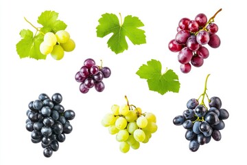 Set of various types of grapes (Black, white and red grape) with leaf flying isolated on white background , ai