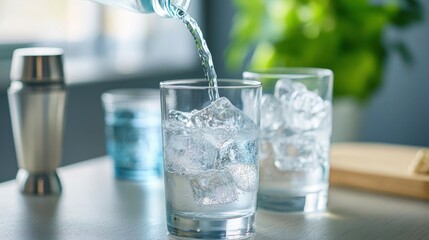 A refreshing scene of water being poured over ice in glasses on a table.