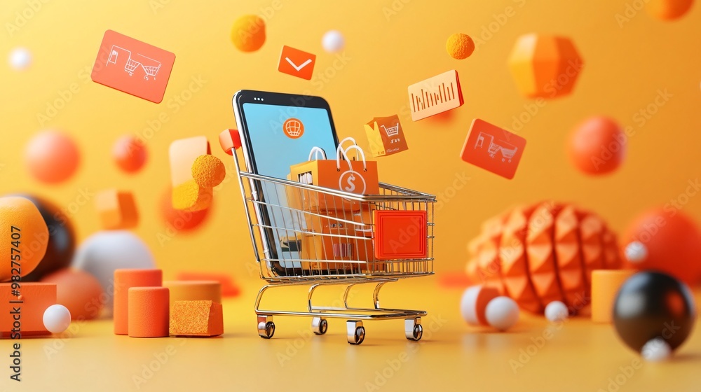 Poster An animated smartphone screen with floating discount tags appearing over shopping cart items in a bright and eye-catching style The products are organized in a grid while pop-up banners emphasize the