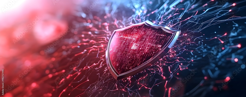 Poster cybersecurity shield being cracked by malicious malware code representing data breach on glowing dig