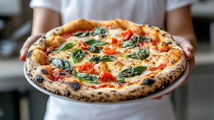 A person holding a freshly baked pizza topped with basil and cherry tomatoes.
