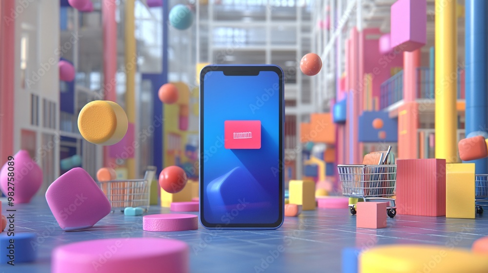 Aufkleber An animated smartphone screen with floating discount tags appearing over shopping cart items in a bright and eye-catching style The products are organized in a grid while pop-up banners emphasize the