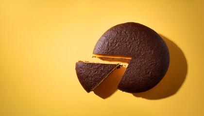 Creative concept of chocolate burger cake with one piece missing on blue background Minimal food concept.