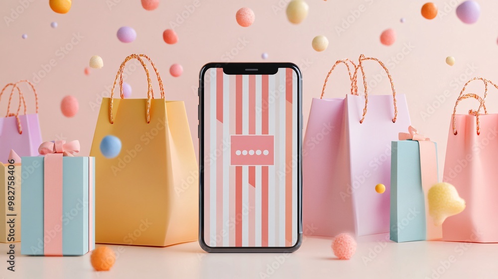 Poster A vector illustration of a mobile shopping app showing products with bold pop-up discounts on the screen The pop-up tags are styled as colorful banners and speech bubbles that stand out against the
