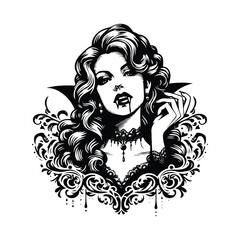 vampire female with victorian flourish decoration in black and white illustrations, cutout graphic