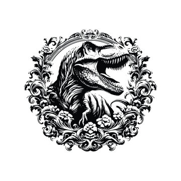 recommend clip art: Tyrannosaurus rex with victorian flourish, in black and white illustrations, cutout graphic