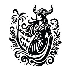 Obraz premium viking female with victorian flourish decoration in black and white illustrations, cutout graphic