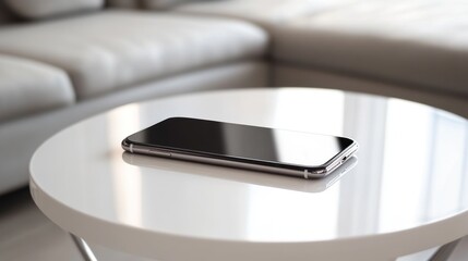 A smartphone rests on a sleek, modern table in a bright living space.