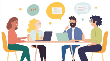 A diverse group of four individuals engaged in discussion around laptops, with speech bubbles illustrating collaboration and communication.