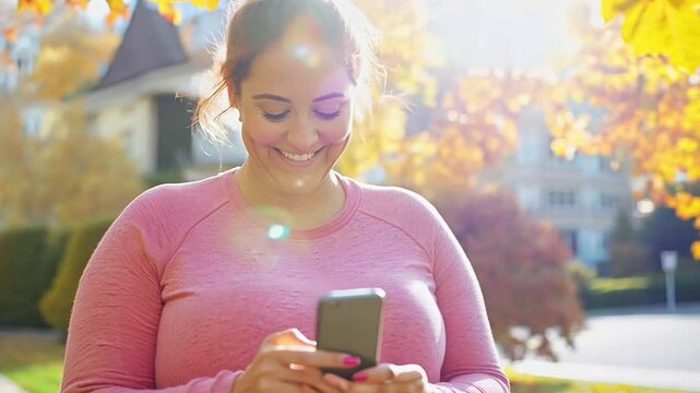 A fat woman using a fitness app on her phone, tracking her steps and exercise, showcasing the role of technology in managing diabetes.