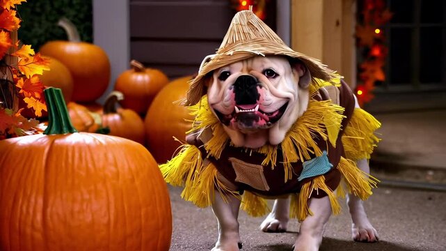 Cute English Bulldog in Scarecrow costume straw hat standing in pumpkin patch entrance Halloween decorations, All Hallows Eve