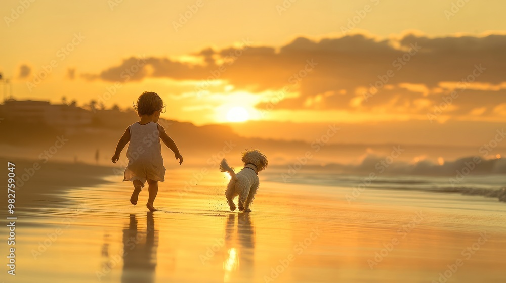 Sticker A child and a dog play together on the beach at sunset, capturing a joyful moment.