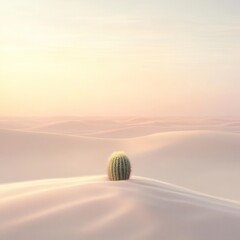 A solitary cactus stands amidst soft, undulating sand dunes under a pastel sky.