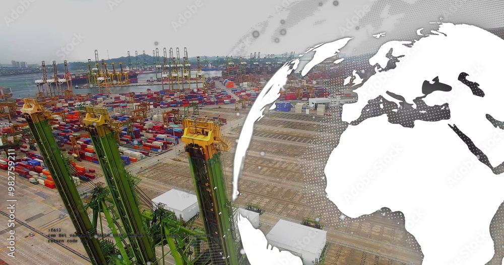 Poster image of data processing with globe over shipping yard