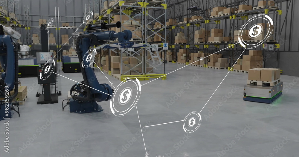 Poster image of network of connections with icons over robot in warehouse