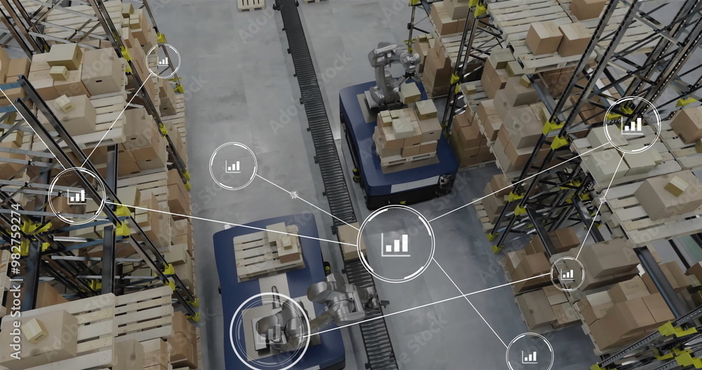 Poster image of network of connections with icons over robot in warehouse