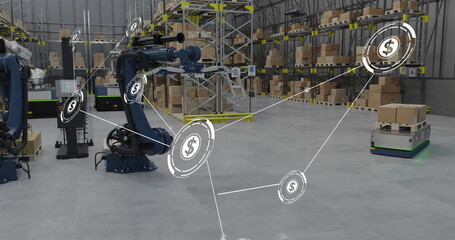 Image of network of connections with icons over robot in warehouse