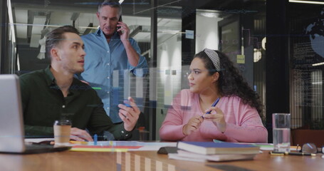 Image of data processing and diagrams over diverse business people discussing work