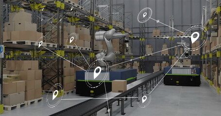 Image of network of connections with icons over robot in warehouse