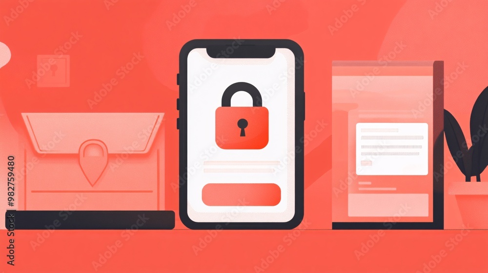 Poster A digital wallet app is open on a smartphone showing a secure checkout option with a padlock symbol The vector art illustrates the ease and safety of online transactions with a clean layout and bold