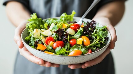 A person holds a fresh salad bowl filled with various greens and colorful vegetables.