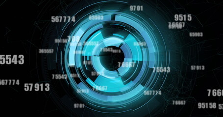 Image of data processing over blue circular scanner on black background