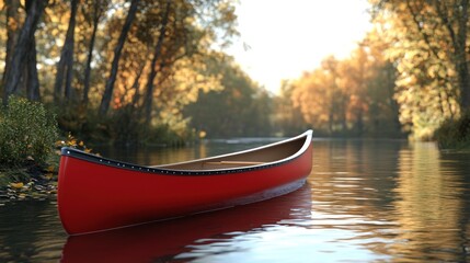 Fototapeta premium A serene red canoe floating on calm water surrounded by autumn foliage.