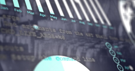 Image of financial data processing with statistics and globe