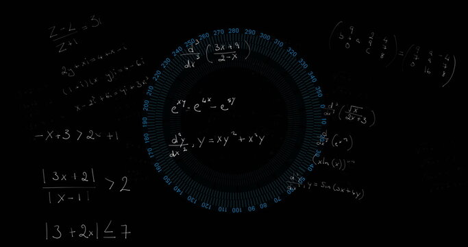 Image of mathematical equations over blue circular scanner on black background