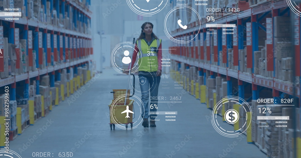 Poster image of digital data processing over biracial man working in warehouse