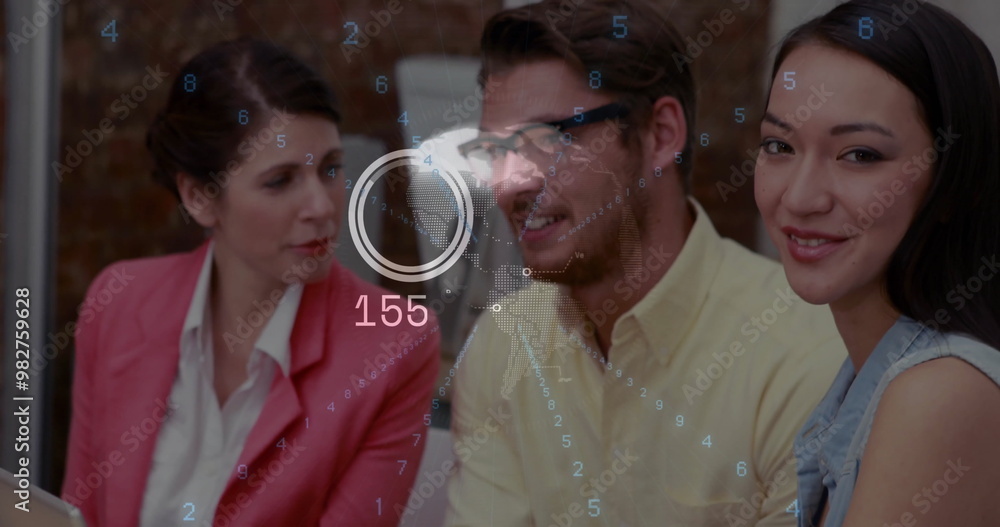 Poster image of network of connections and data processing over diverse business people in office